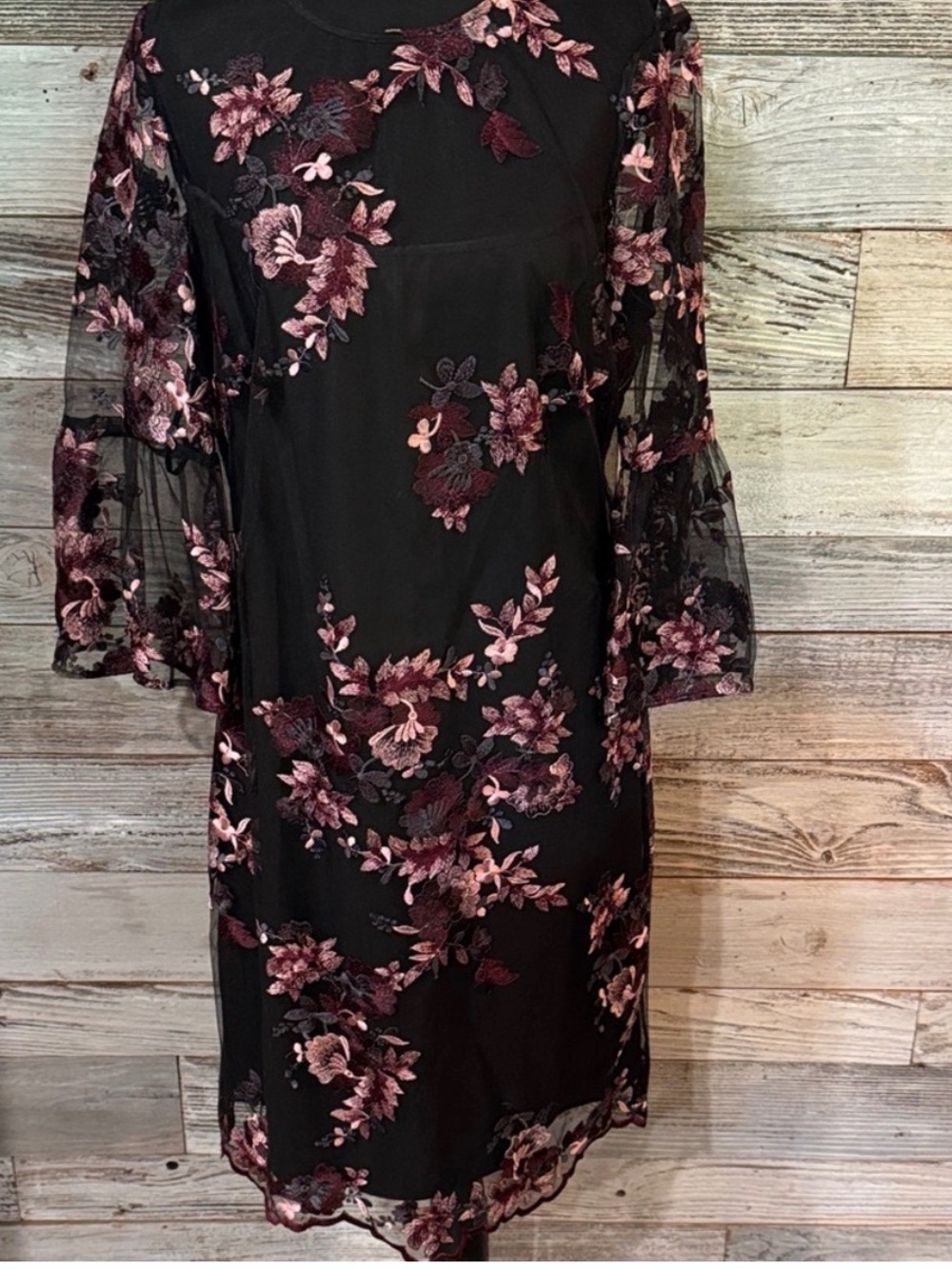 NWT White House Black Market Black Mesh/lace Dress with Pink Floral Embroidery